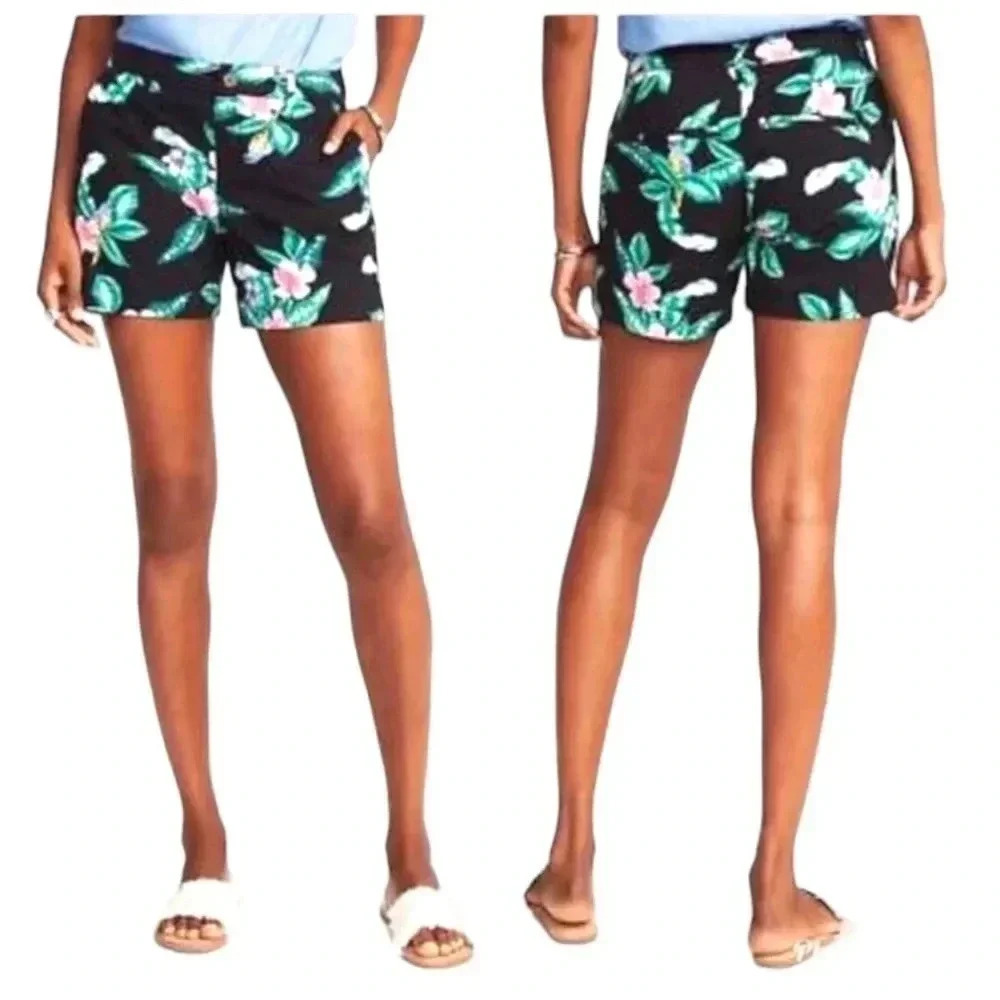 OLD NAVY |Black With Tropical Floral Print Everyday Cotton Shorts Size 12 (NWOT)